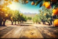 Empty Wooden Table With Blured Background Of Oranges Fruits Farm - Generative AI