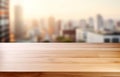 Empty wooden table with blurred background of a city view skyline. Ideals for product presentation. Royalty Free Stock Photo