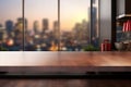 Empty wooden table and blurred city view background. Generative AI Royalty Free Stock Photo