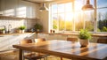 Empty wooden table and blurred kitchen interior background. Mock up for design Royalty Free Stock Photo