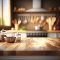 Empty wooden table and blurred kitchen white wall background Wood table top on blur kitchen counter Royalty Free Stock Photo