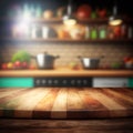 Empty wooden table and blurred kitchen white wall background Wood table top on blur kitchen counter Royalty Free Stock Photo