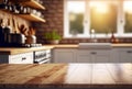 Empty wooden table and blurred kitchen white wall background Wood table top on blur kitchen counter Royalty Free Stock Photo