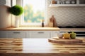 Empty wooden table and blurred kitchen white wall background Wood table top on blur kitchen counter Royalty Free Stock Photo