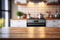 Empty wooden table and blurred kitchen white wall background Wood table top on blur kitchen counter Royalty Free Stock Photo