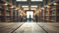 Empty wooden table in blurred library setting product displays work Royalty Free Stock Photo