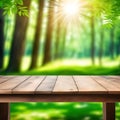 Empty wooden table, blurred summer forest background with copy space