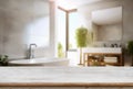 Empty wooden table and blurred view of stylish bathroom interior Royalty Free Stock Photo