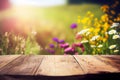 Empty wooden table and blurred wildflowers background for product placement. Generative ai