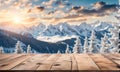 Empty wooden table, blurred winter background with copy space