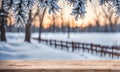 Empty wooden table, blurred winter background with copy space