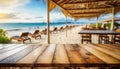 Empty wooden table with blurry beach restaurant background . ai generated