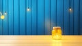 Empty wooden table with bokeh yellow lights and blue background. For product display. High quality photo Royalty Free Stock Photo