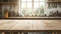 Empty wooden table in carpentry workshop. Tools on wall out of focus. Light streams through window. Craftsmanship, woodworking Royalty Free Stock Photo