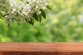 Empty wooden table and cherry branch.