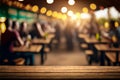 Empty wooden table with crowded restaurant and pub background, generative AI Royalty Free Stock Photo