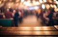 Empty wooden table with crowded restaurant and pub background, generative AI Royalty Free Stock Photo