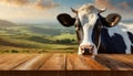 Empty Wooden Table and a Dairy Cow on a Countryside Landscape - Generative Ai Royalty Free Stock Photo