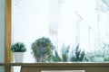 Empty of Wooden table on defocused summer window with flower pot background Royalty Free Stock Photo