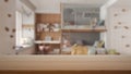 Empty wooden table, desk or shelf with blurred view of children bedroom, bunk bed with decors, desk and toys, modern interior