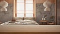 Empty wooden table, desk or shelf with blurred view of japandi white and wooden bedroom, bed with pillows, wallpaper and window, Royalty Free Stock Photo