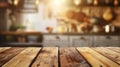 Empty wooden table elegantly displayed on a softly blurred kitchen countertop background