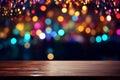 Empty wooden table in front of abstract blurred background of bokeh light for display products Royalty Free Stock Photo