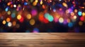 Empty wooden table in front of abstract blurred background of bokeh light for display products Royalty Free Stock Photo