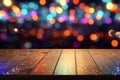 Empty wooden table in front of abstract blurred background of bokeh light for display products Royalty Free Stock Photo