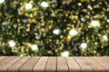 Empty wooden table in front abstract blurred bokeh colorful background