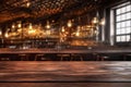 Empty wooden table in front of abstract blurred cafe bar or restaurant bokeh background. Royalty Free Stock Photo