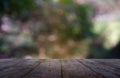 Empty wooden table in front of abstract blurred green of garden and nature light background. For montage product display or design