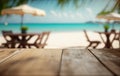 Empty wooden table in front of blurred paradisiac beach made with Generative AI.