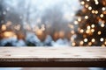 Empty wooden table in front of blurred winter holiday background Royalty Free Stock Photo