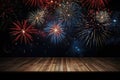 Empty wooden table in front of fireworks background. Product display montage Generative AI