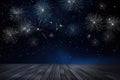 Empty wooden table in front of fireworks background. Product display montage Generative AI