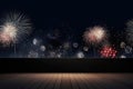 Empty wooden table in front of fireworks background. Product display montage Generative AI Royalty Free Stock Photo