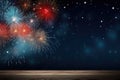 Empty wooden table in front of fireworks background. Product display montage Generative AI Royalty Free Stock Photo