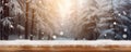 Winter christmass mocup, empty wooden table in front of winter background. copy space for text Royalty Free Stock Photo