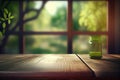 Empty wooden table with green glass jar on the background of the window. Generative AI Royalty Free Stock Photo