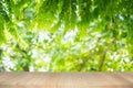 Empty wooden table on green nature background with beauty bokeh under sunlight Royalty Free Stock Photo