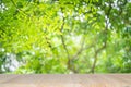 Empty wooden table on green nature background with beauty bokeh under sunlight Royalty Free Stock Photo