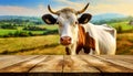 Empty Wooden Table and a Horned Dairy Cow on a Countryside Landscape - Generative Ai Royalty Free Stock Photo