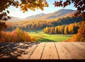 empty wooden table mockup with autumn landscape background ai generated