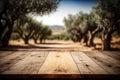 Empty Wooden Table With Olive Trees Plantage In Background - Generative AI