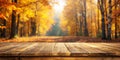 Empty wooden table and outdoor autumn view AI Generative