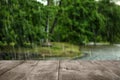 Empty wooden table on rainy day Royalty Free Stock Photo