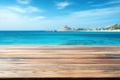 Empty wooden table over blue sea island and blue sky background. For product display Royalty Free Stock Photo