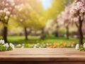 Empty wooden table over blurred spring garden background, product display montage Royalty Free Stock Photo