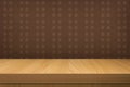 Empty wooden table over vintage wallpaper with pattern coffee be